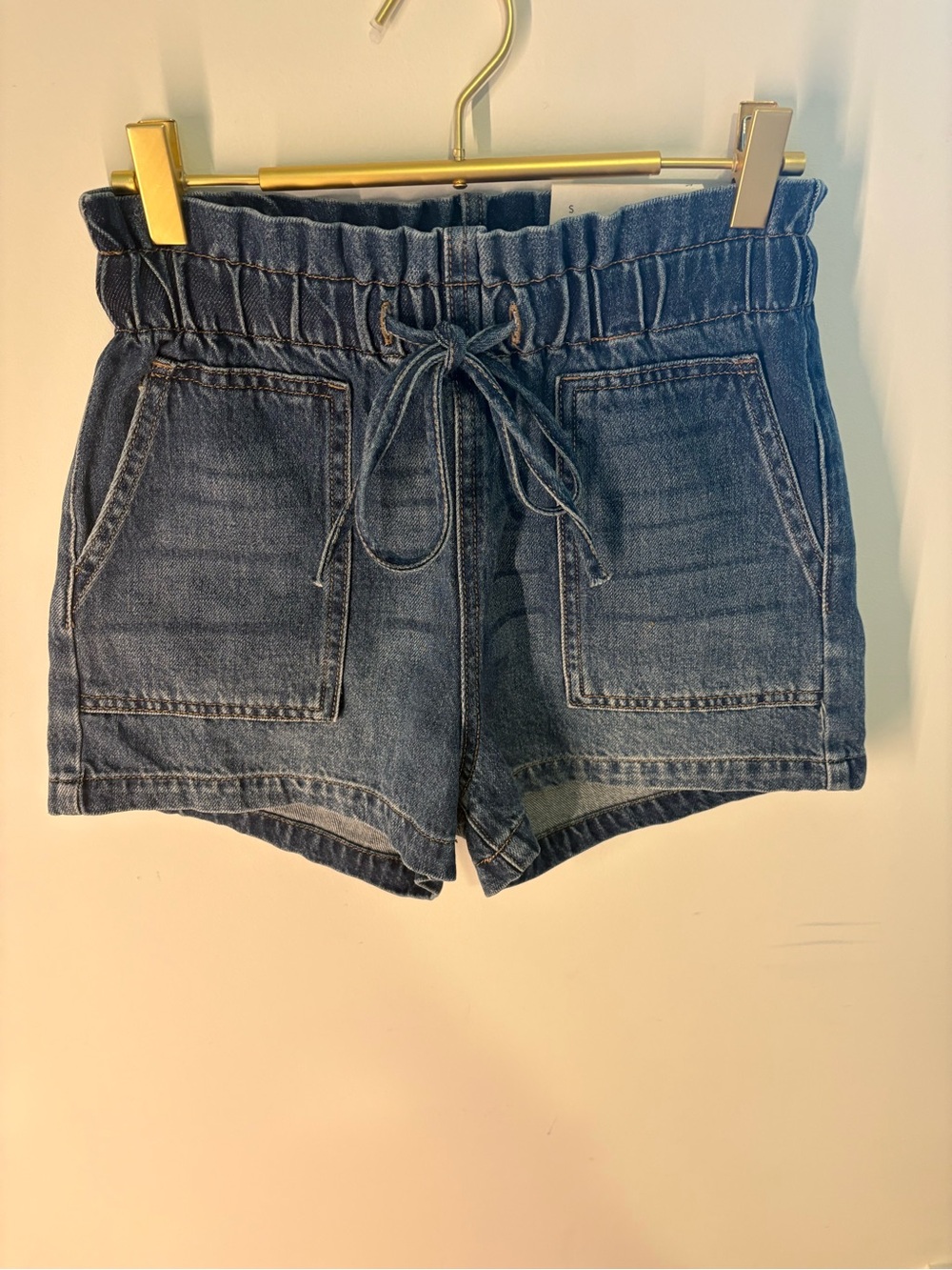 Denim Drawstring Paperbag Waist Shorts - Blue
